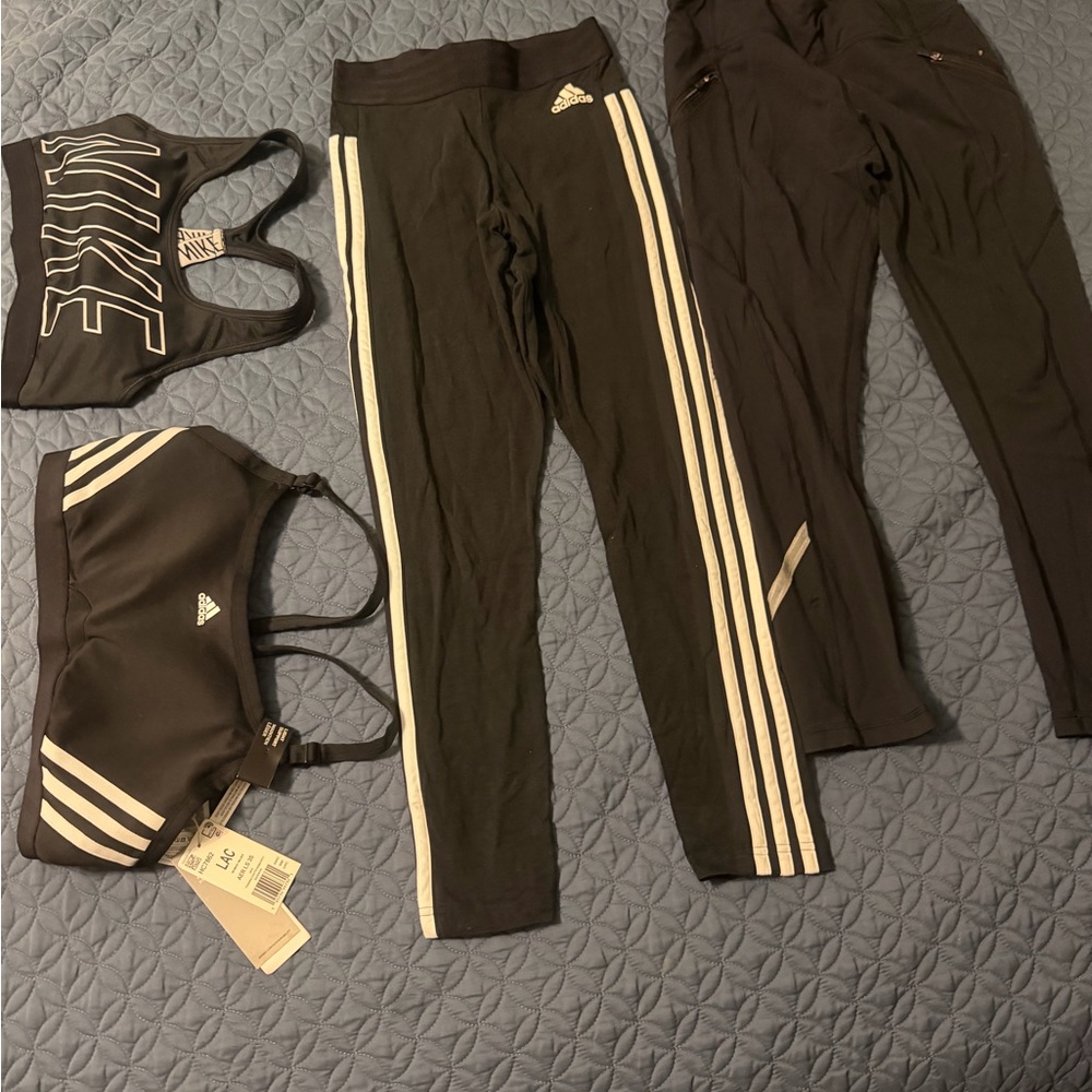 adidas Black Leggings and lulu-lemon .Sports Bra Set with White Stripes